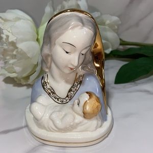 Vtg Mother And Child Mary Porcelain Sculpture Table Decoration Gold Gilded JAPAN